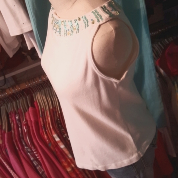 CLOTHING COVE ♡ Aqua Embellished Sequenced Bling Shoulder Line Sleeveless Top PM - Picture 11 of 14